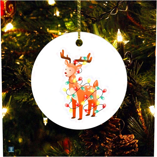 DOREENABE Christmas Ceramic Ornament Reindeer Lights Christmas Ornament Keepsake Deer Figurine Tangled Lights Ornament for Family Friend Xmas Holiday Keepsake Christmas Tree Decoration