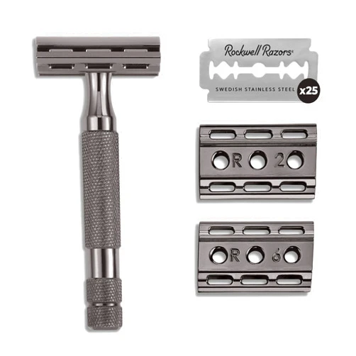 Rockwell Razors 6C Gunmetal Chrome Double-Edge Safety Razor with 6 Adjustable Shave Settings and 25 Blades