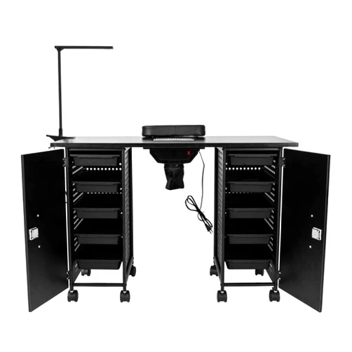 SHNORM Manicure Stations Nail Table - Nail Beauty Technician Desk Workstation with LED Lamp, Salon Nail Art Equipment with Electric Downdraft Vent Arm Rest Locking Castors (Black)