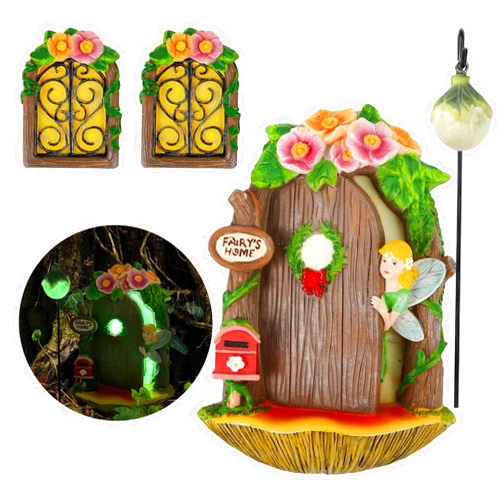 NUOLUTH Opening Fairy Door and Window for Trees with Light,Glow in The Dark Yard Art Sculpture Decoration for Kids Room,Tree Stump Decor,Miniature Fairy Garden Outdoor Decor Accessories