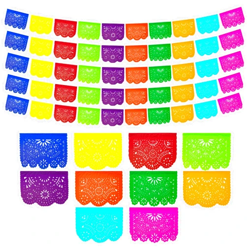 FIESTA WRAPS Mexican Party Banners (5 Pack - 10 TISSUE PAPER Flags per Banner/NOT PLASTIC) - Papel Picado Banner - Mexican Themed Party Decorations - Papel Picado Mexicano para Fiesta - Fiesta Party Decorations