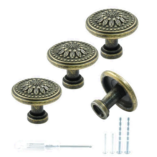 Luomorgo 4 Pcs Antique Bronze Cabinet knobs, Mid Century Dresser Knobs Vintage Drawer Knobs, Decorative Farmhouse Flower Pull Knobs Handle for Cabinet Cupboard Chest