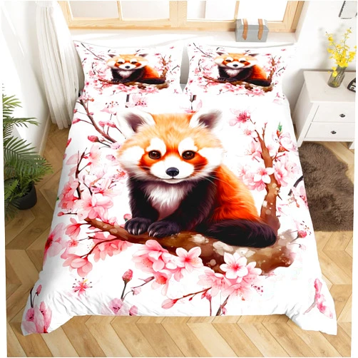Manfei Red Panda Kawaii Duvet Cover Queen for Kids Boys,Pink Cherry Blossom Spring Blooming Floral Bedding Set,Cute Wild Animal Nature Bedspread Cover 3 Pcs,Ultra Soft