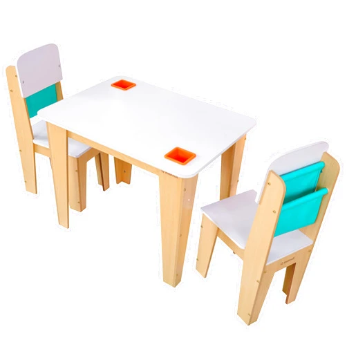 KidKraft Wooden Pocket Storage Table and 2 Chair Kids Furniture Set with Bins, Natural