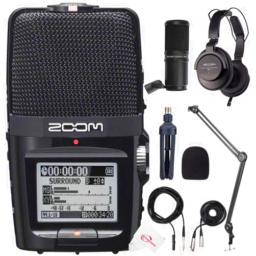 Teds Electronics Zoom H2n ext 2-Input / 4 Track Handy Digital Audio Stereo Recorder with 5 Built-In Mic Array + BY-BA20 Aluminum Alloy Desk Holder Microphone Stand Bracket + Accessory Kit