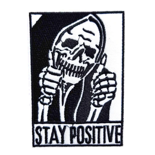BDIHS Stay Positive Thumbs-up Skull Iron On Sew On Patch, Embroidered Patch Emblem Badge for Backpacks,Jeans (AG08)
