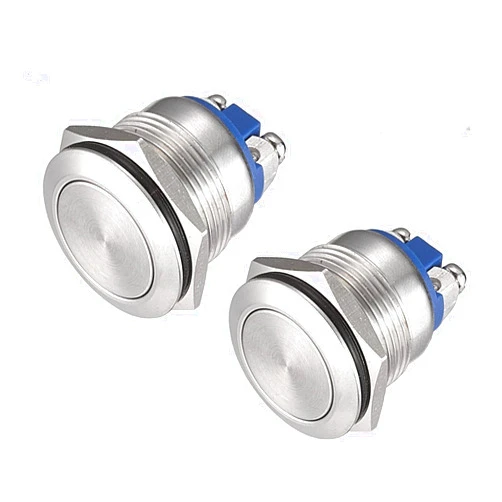 APIELE Push Button Switch 19mm Momentary Waterproof Stainless Steel Metal Flat Top 12V 24V 36 DC 110V 250V AC 5A 1NO SPST Screw Terminal (Pack of 2)