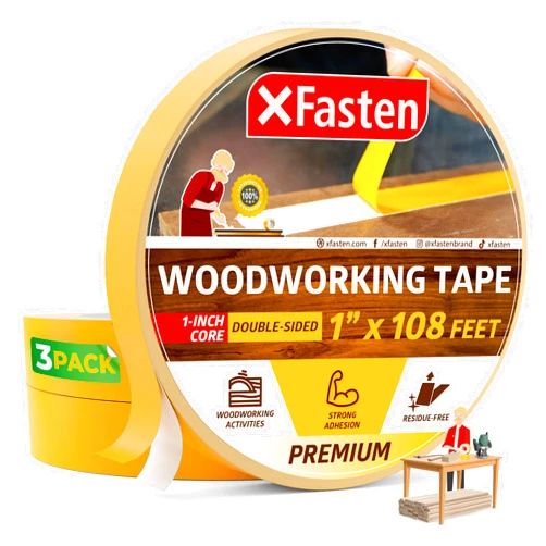 XFasten Double Sided Woodworking Tape 1 inch x 36 Yards 3-Pack 324ft 1-inch Core No Residue Woodworking Double Sided Tape Heavy Duty Wood-safe Wood Glue Tape for Router Templates for Woodworking Tools