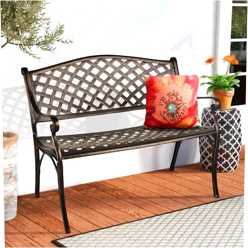 TITIMO 41” Outdoor Garden Bench with Armrests Sturdy Cast Aluminum Porch Loveseat Chair for All-Weather Patio Park Path Yard Lawn Work Entryway Decor Deck (Black)