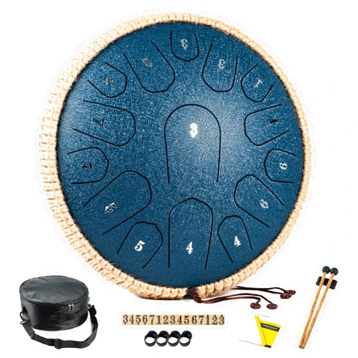 HOPWELL Steel Tongue Drum - 13 Inches 15 Notes Tongue Drum - Hand Pan Drum with Music Book, Handpan Drum Mallets and Carry Bag, D Major (Navy Blue)