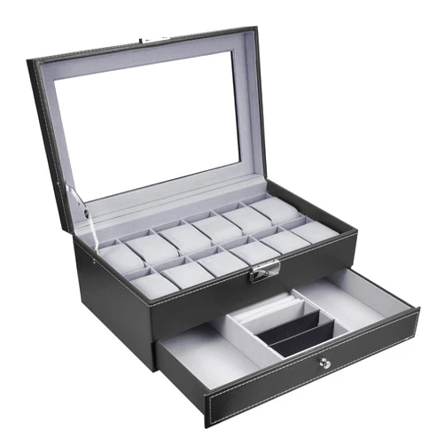Hossejoy Leather Watch Box 12 Mens Watch Organizer with Jewelry Display Drawer Lockable Watch Case Organizer, Black