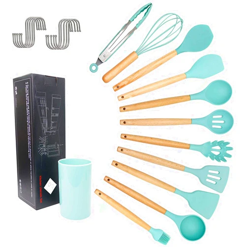 Hawencer Wooden Handle Silicone Cooking Utensil Set 11pcs Non-Stick Cookware Kitchen Utensils Silicone Cooking Spoon and Spatula Set (Green)