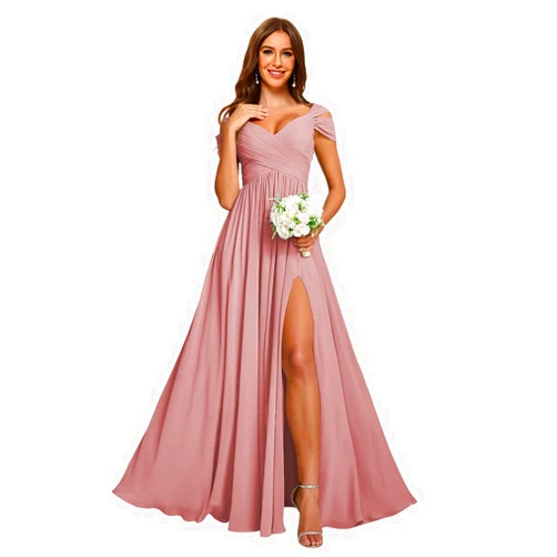AKMESXAY Women's Ruched Off Shoulder Chiffon Bridesmaid Dresses Long with Pockets Split Formal Evening Dress AS012