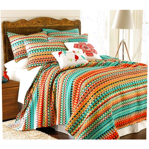 Levtex Home Homthreads Corona Quilt Set - Queen Quilt + Two Standard Pillow Shams - Ikat Stripe - Teal Orange Yellow Red Green - Quilt (88x92in.) & Pillow Shams (26x20in.) - Polyester Fabric