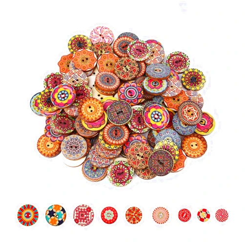 Sunicon 100 Pcs Craft Wood Buttons, 25mm Mixed Pattern Vintage Flower Designs 2-Holes to Easy Sewing for Embellish Clothing & DIY Sewing Craft Decorative