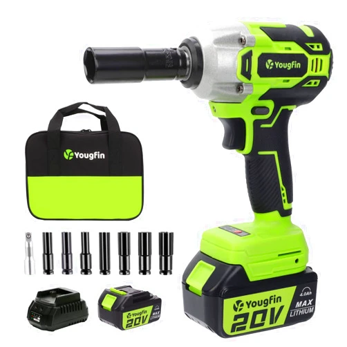 Yougfin 20V Brushless Cordless Impact Wrench, 1/2 inch Impact Gun Kit, Max 400N.M High Torque Electric Impact Driver Set with 4.0Ah Li-ion Battery & Fast Charger, 7 Sockets (3000 RPM)