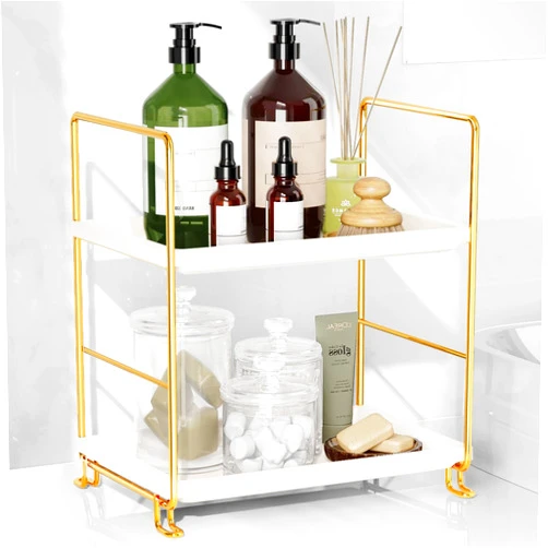 FSyueyun 2-Tier Bathroom Countertop Organizer, Tool-Less Installation Premium Plastics Makeup Perfume Organizer Skincare Shelf for Bathroom Vanity Dresser Organizers and Storage (Gold)