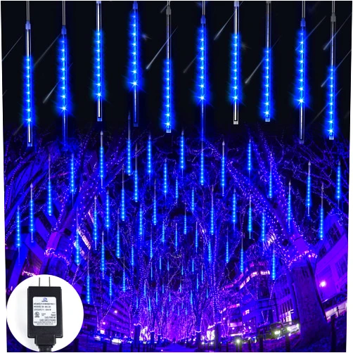 Blingstar Meteor Shower Lights 16 Inch 360 LED 10 Tubes Blue Christmas Lights Outdoor Waterproof Falling Rain Lights Plug in Dripping Icicle Lights for Tree Front Yard Porch Roof Holiday Decoration