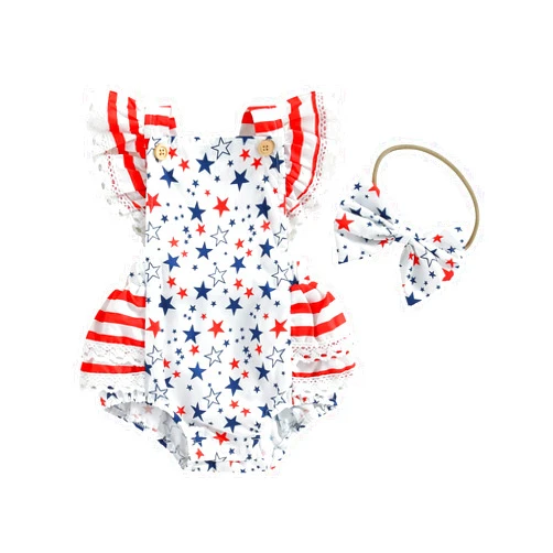Citgeett My First 4th of July Baby Girl Outfit Sleeveless Ruffle Romper American Stars Print Bodysuit With Bow Headband