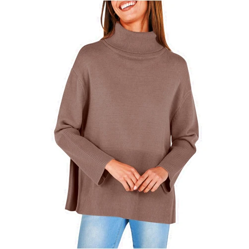 ANRABESS Womens Oversized Turtleneck Sweaters 2024 Long Sleeve Split Hem Knit Pullover Sweater Top Casual Trendy Fall Outfits