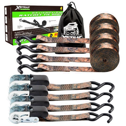 XSTRAP STANDARD Ratchet Tie Down Straps - 4 Pk - 1'' x 15 Ft - 630 Lbs Load Cap 1890 Lbs Break Strength-Cargo Straps (Camouflage)
