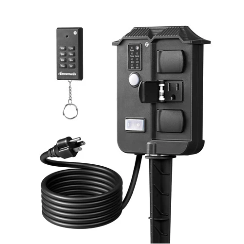 DEWENWILS Outdoor Power Stake Timer Waterproof, 100FT Wireless Remote Control, 6 Grounded Outlets, 6FT Extension Cord, Photocell Dusk to Dawn for Lights, Garden, UL Listed