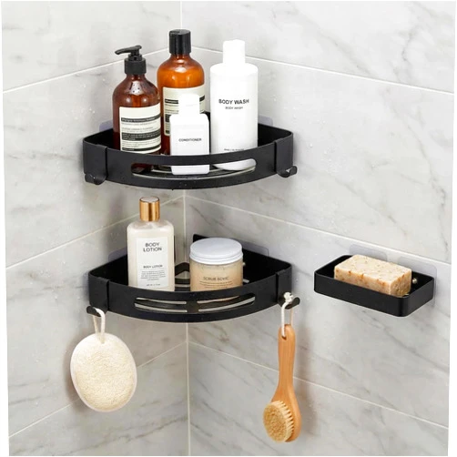 Bexarion Corner Shower Caddy Adhesive, 3 Pack Rustproof 304 Stainless Steel Bathroom Shower Organizer, No-Drill Corner Shower Shelves with Soap Holder for Inside Shower, Bathroom Storage, Black