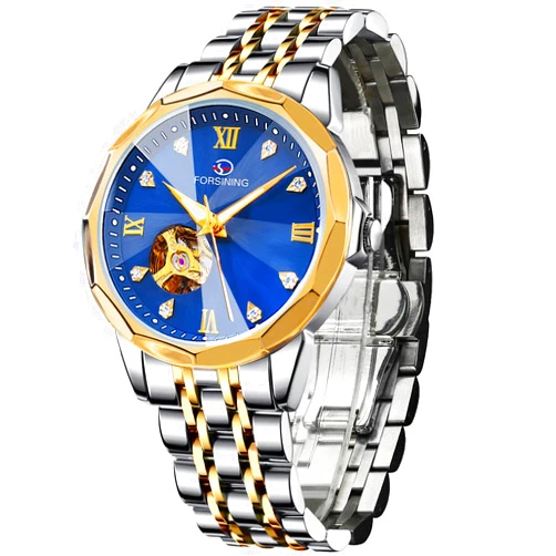 FORSINING Automatic Mechanical Watch, Self Winding Blue Gold Dial Design Skeleton Watch, Mechanical Tourbillon Fashion Men Watch Date Day Dress Watch Gift for Men