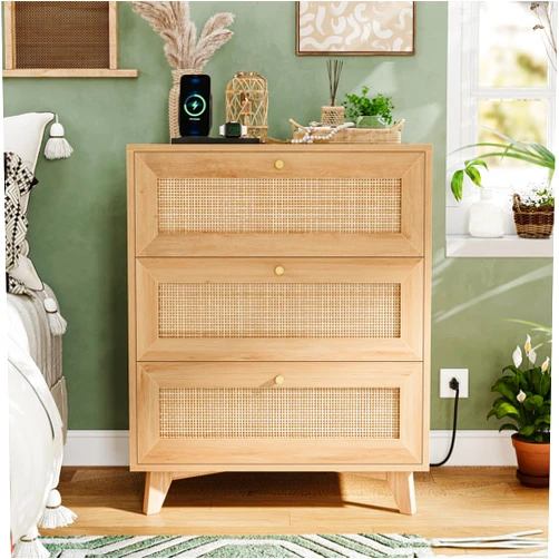 VIAGDO Rattan Nightstand with Charging Station, Natural Rattan Night Stand with 3 Large Rattan Decorated Drawers, Boho Bedside Table, End Side Table, 3 Drawer Rattan Dresser for Bedroom