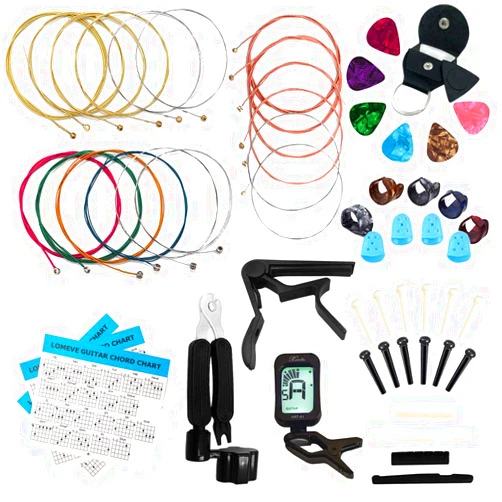 LOMEVE Guitar Accessories Kit Include Acoustic Strings, Tuner, Capo, 3-in-1 Restring Tool, Picks, Pick Holder, Bridge Pins, Nuts & Saddles, Finger Protector, Chord Chart (58PCS)
