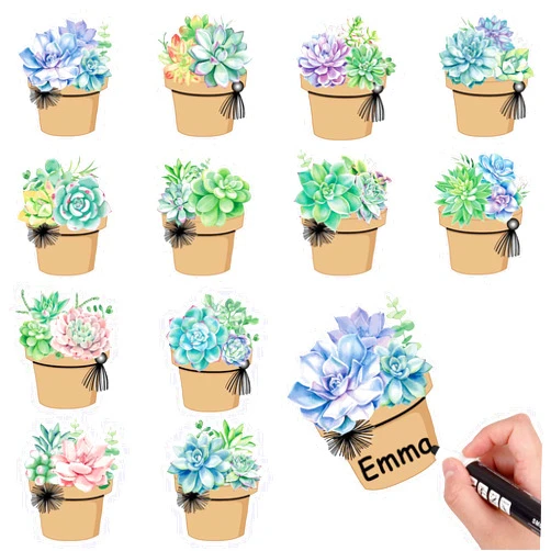 Whaline 120Pcs Succulent Name Tags 12 Designs Potted Succulent Nameplate Sticekrs Classroom Bulletin Board Decoration Label Stickers for Office School Desk Wall Message Board, 20 Sheet