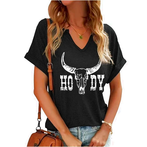 Beopjesk Summer Sexy V-Neck Vintage Western Rodeo Cowboy Steer Skull Shirt for Women Casual Boho Cowgirl Boots Graphic Tees