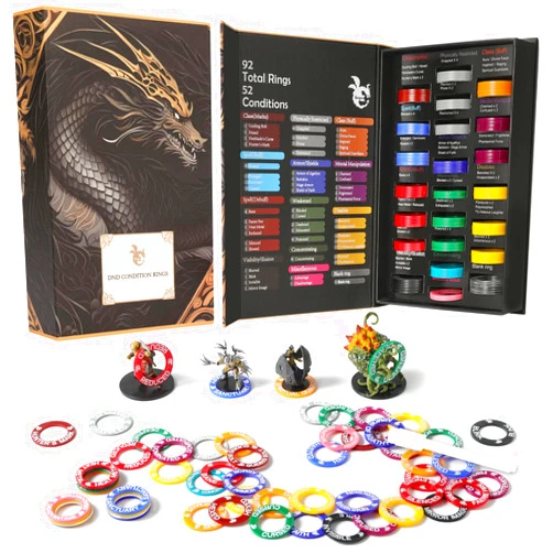 Grajar 52 Unique DND Miniatures Condition Rings, 92 PCS Status Effects Markers - Including 5 Customizable Blank Rings, Ideal for Dungeons and Dragons & 5th Edition, Best DND Gifts for DM