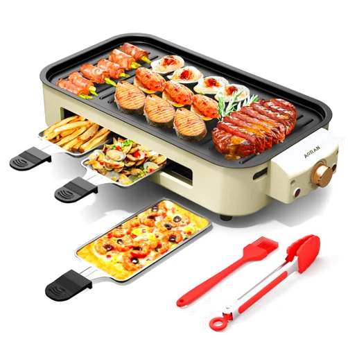Aoran kitchen AROAN Indoor Grill, 2 in 1 Grill, 1500W Smokeless Grill, 3 Square Nonstick Pans, Temperature Control, Dishwasher Safe, Portable Grill White