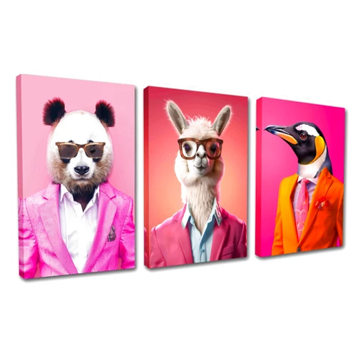 Tucocoo 3 Panels Animals in Suits Canvas Wall Art Pink Background Unique Style Wall Decor,Panda, Sheep and Penguin Printing Poster for Home Decor Living Room and Office Artwork Framed Ready to Hang-42’’X20’’