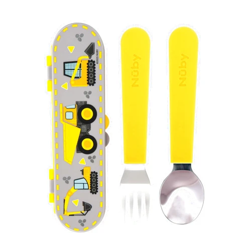 Nuby Stainless Steel Toddler Utensils with Travel Case – Easy-Grip Fork & Spoon Set for Self-Feeding, Safe Rounded Edges, Durable Stainless Steel, Perfect for On-the-Go Meals, Construction Zone