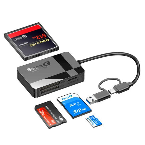 SmartQ SD Card Reader, Memory Card Reader 4 in 1 USB C USB 3.0 Dual Connector Adapter Simultaneously Read SD MS CF TF Cards Supports Micro SD/Micro. Compatible with desktops, Tablets, and USB-C Smartphones