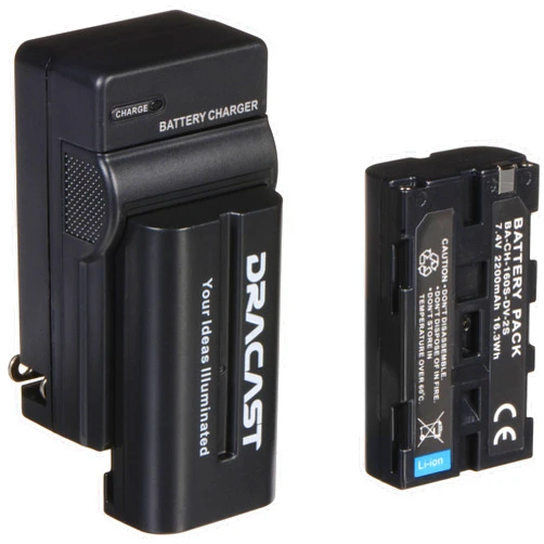 Dracast 2 Pack Battery and Wall Charger Kit | 2200 mAh Rechargeable Li-Ion Batteries and Wall Charger for Sony NP F550, F530, F970, F960, F770, F750, F330