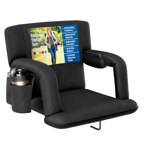 Alpcour Reclining Stadium Seat – Wide Bleacher Chair with Back Support and Cushion, Armrests, Side Pockets, and Bleachers Hook – Best Stadium Seats Chairs for Camping, Kayak, & Paddle Board Backs