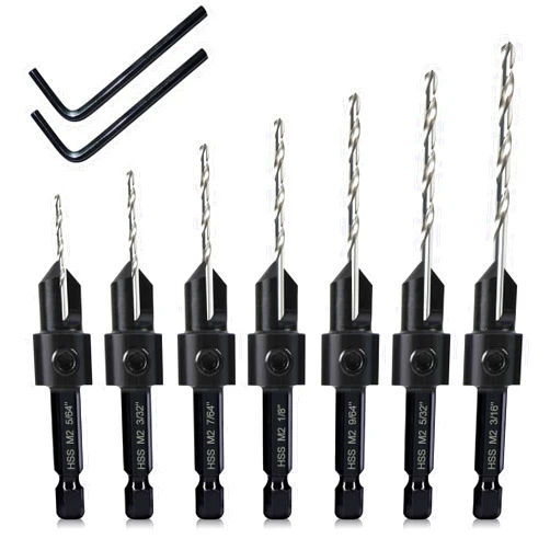 DKIBBITH 7 Pack Countersink Drill Bits Set, Wood Drill Countersink Counterbore 3in1, Three 82-Degree Chamfer Cutters, M2 Counterbore Cutting Depth Adjustable, with 2 Allen Wrenches and 1/4” Hex Shank