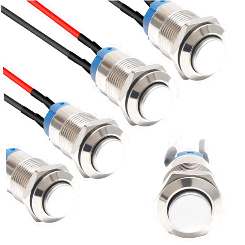 STARELO 5pcs 12mm Latching Push Button Switch Silver Shell with pre-Wiring, IP65 Waterproof Push Button Switch,Stainless Steel 1 Normally Open Without LED.