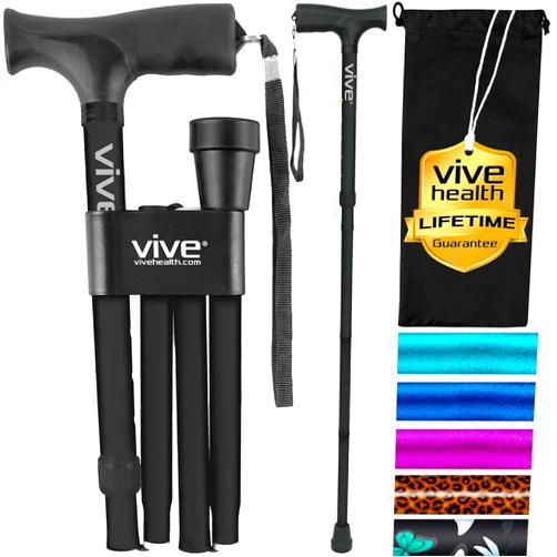 Vive Folding Cane - Foldable Walking Cane for Men, Women - Fold-up, Collapsible, Lightweight, Adjustable, Portable Hand Walking Stick - Balancing Mobility Aid - Comfortable Ergonomic Handle