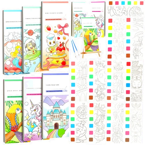 Honoson 6 Pcs Pocket Watercolor Painting Book for Kids, Paint Supplies for Kid Travel Pocket Watercolor Book with Paint and Brush Art Watercolor Bookmarks to Paint for Artists Beginners Children Adults