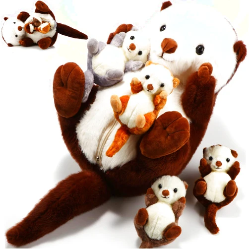 Shappy 5 Pcs Sea Otter Stuffed Animals Large Mommy Sea Otter Stuffy Plush with 4 Cute Babies in Her Zippered Belly Soft Cuddly Plushies for Boys Girls Birthday Gifts Ocean Party Decors(Brown)