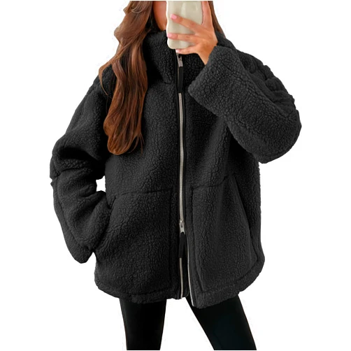 ANRABESS Womens Fleece Jacket Oversized Zip Up Sherpa Fuzzy Casual Coats Winter Fall Outerwear 2025 Clothes with Pockets