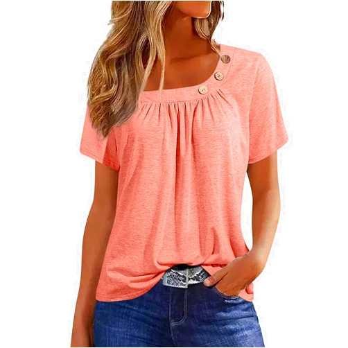 Generic Women's Shirts Summer Tops Solid Color O-Collar Short Sleeve Comfy T Shirts, S-2XL