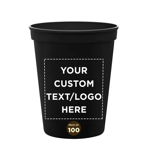 DISCOUNT PROMOS Custom Plastic Stadium Cups 16 oz. Set of 100, Personalized Bulk Pack - Perfect for Birthdays, Weddings, Picnic, Beach, Parties - Black