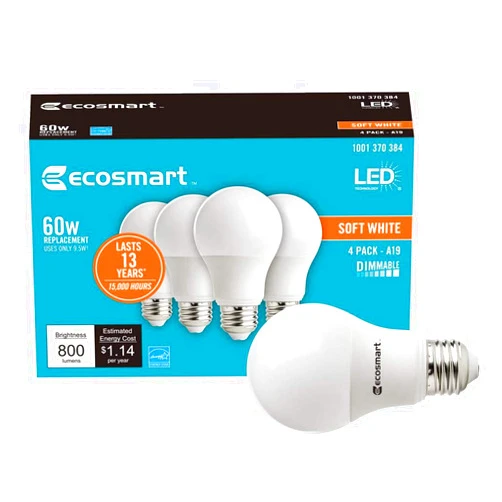 EcoSmart 60W Equivalent Soft White A19 Energy Star and Dimmable LED Light Bulb (4-Pack)