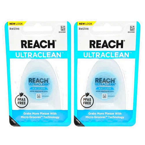 REACH Listerine Ultraclean Dental Floss, Plaque Remover, Shred Resistant, Waxed, Gentle on Gums & Teeth, Mint, PFAS-Free, Fresh Breath, Oral Care, for Adults & Kids, 30 yds - Pack of 2