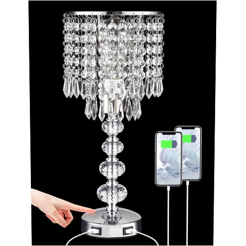 Acaxin Crystal Table Lamps for Bedroom Nightstand - Touch Bedside Lamps with Two USB Charging Ports Silver, 3 Way Dimmable Small Glam Lamp for Girls, Night Stand Lamp for Living Room